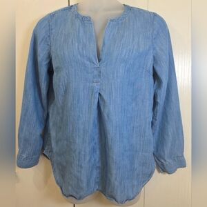 Talbots Blue Chambray Popover Tunic Womens L Large Mandarin V Neck Long Sleeve